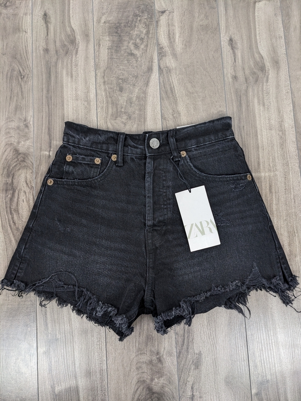Zara Women's Jean Split Shorts High Rise Black Distressed Button Fly Size 2